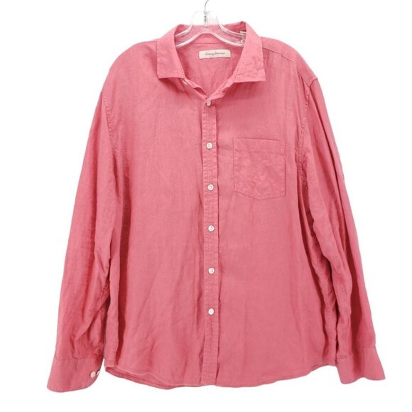 Tommy Bahama Pink 100% Linen Shirt Roll Up Tab Sleeves EUC Size XL